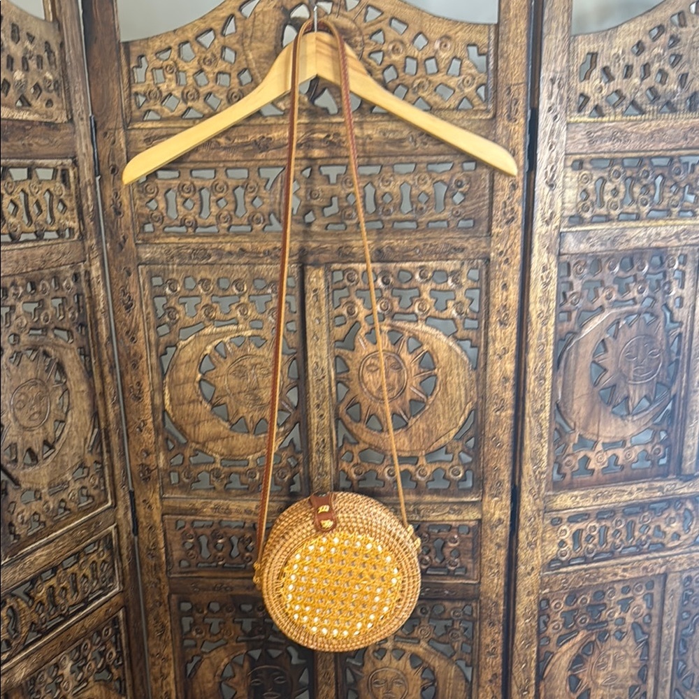 Round Woven Straw Bag with Gold Accents